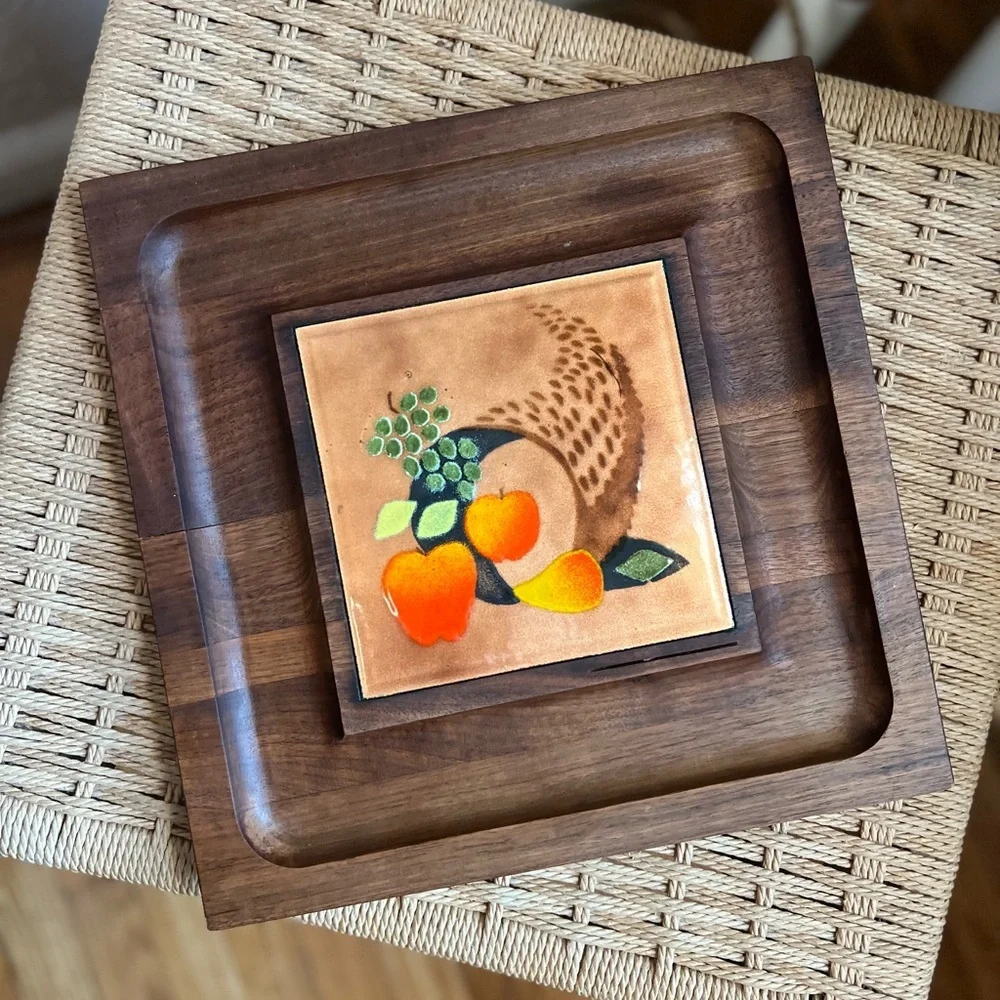 Vintage MCM Wood Serving Tray w Metal Inlay Cornucopia Harvest 12x12 Boho Decor
